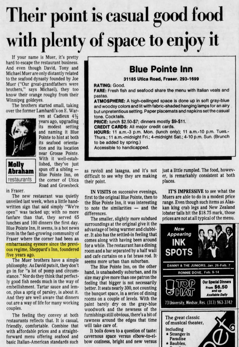 Sheppards Inn (Blue Pointe Inn) - January 1987 Article On Blue Pointe Inn